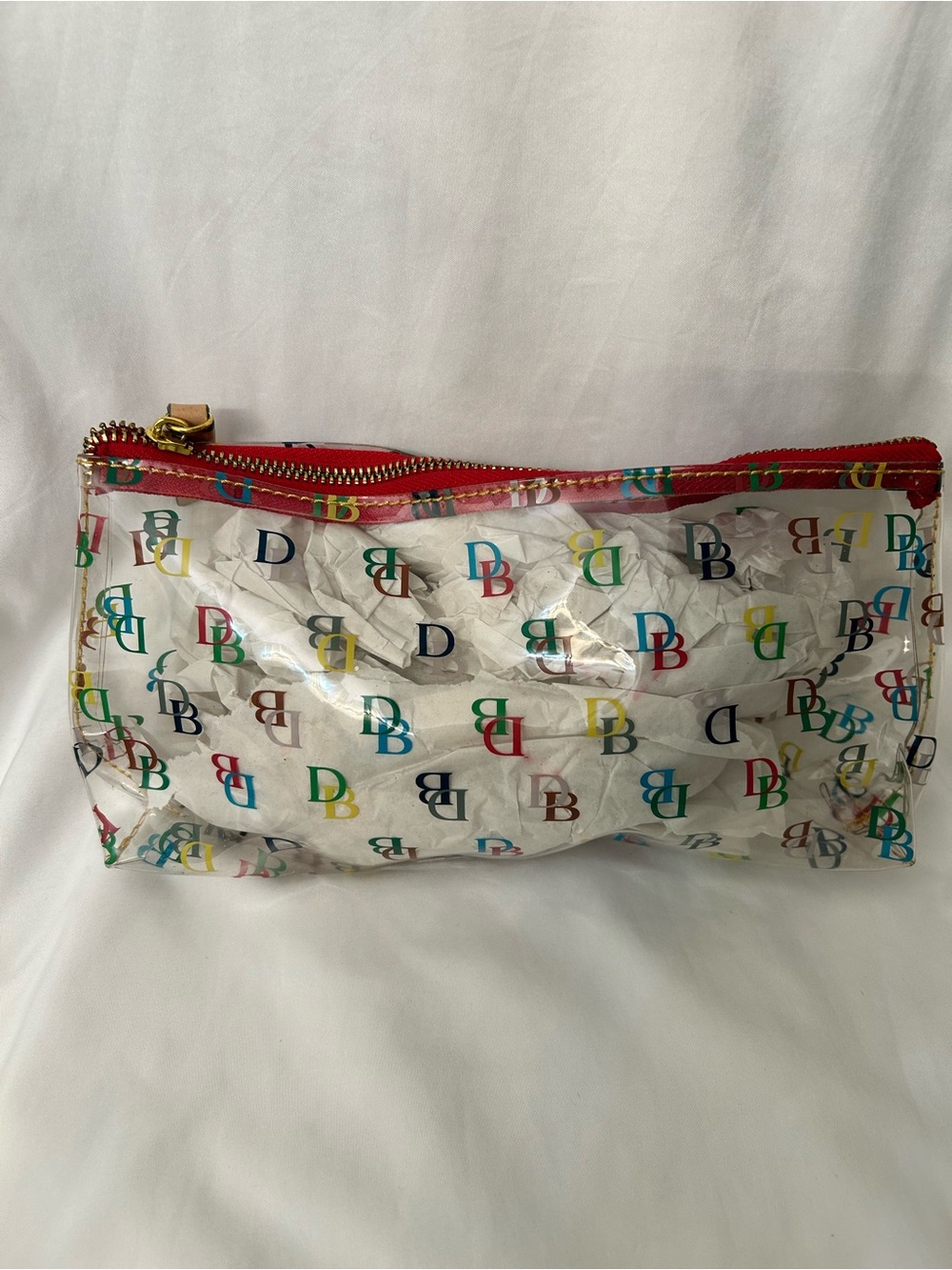 Dooney & Bourke Clear Cosmetic Pouch with Multicolor DB Print and Red Trim - Picture 1 of 7